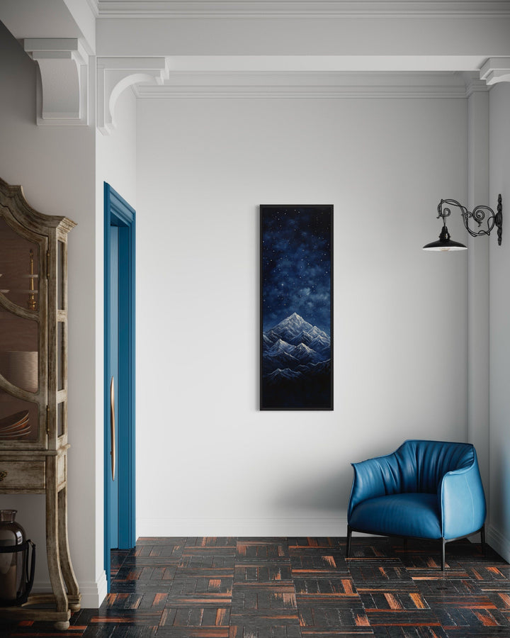 Tall Narrow Navy Blue Starry Night Over Mountains Vertical Framed Canvas Wall Art