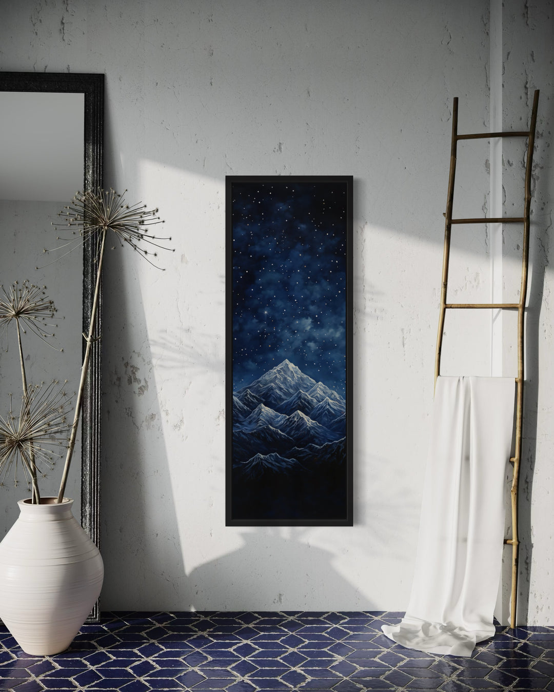 Tall Narrow Navy Blue Starry Night Over Mountains Vertical Framed Canvas Wall Art