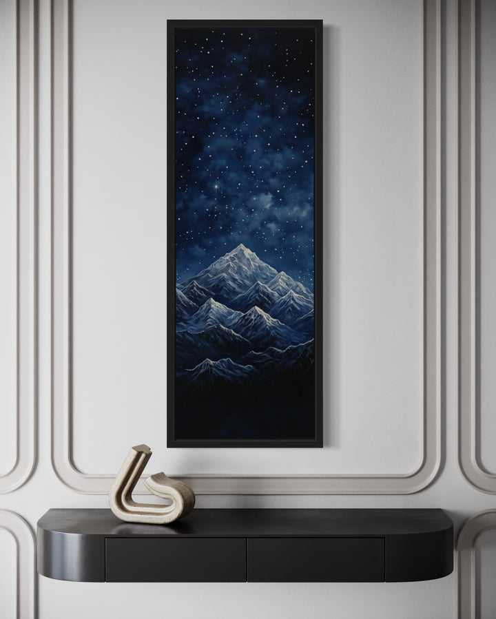 Tall Narrow Navy Blue Starry Night Over Mountains Vertical Framed Canvas Wall Art