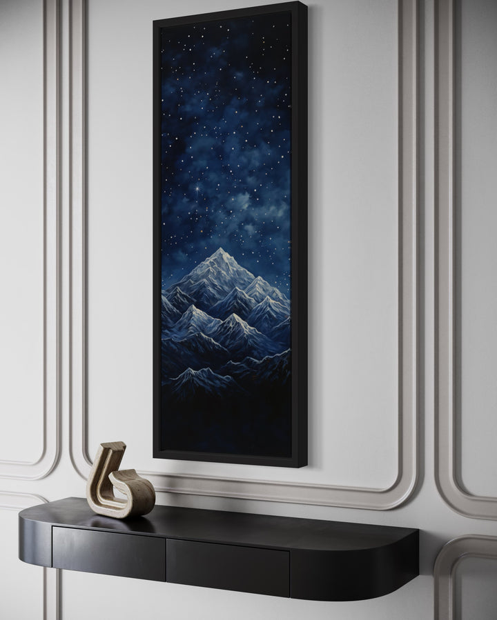 Tall Narrow Navy Blue Starry Night Over Mountains Vertical Framed Canvas Wall Art