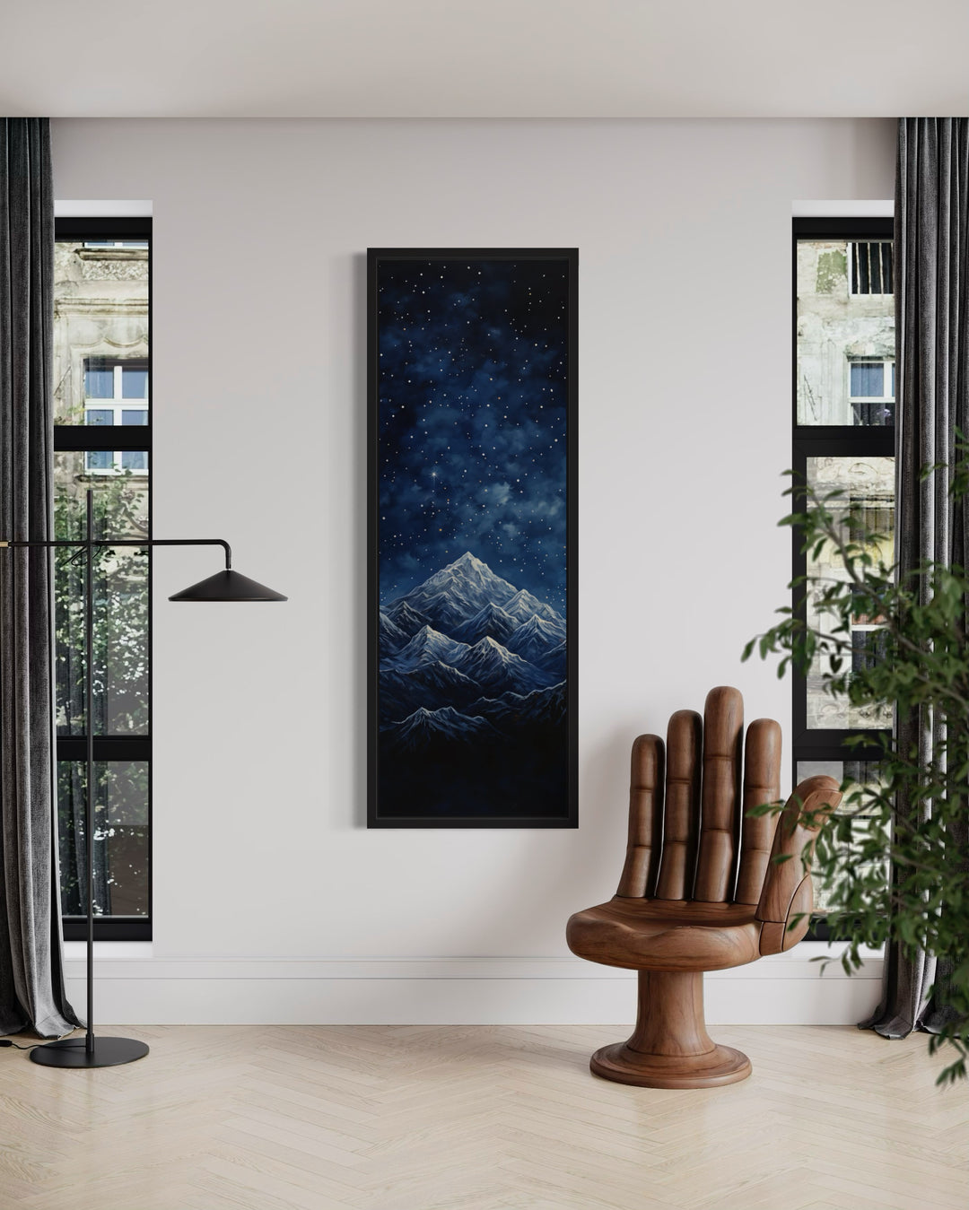 Tall Narrow Navy Blue Starry Night Over Mountains Vertical Framed Canvas Wall Art