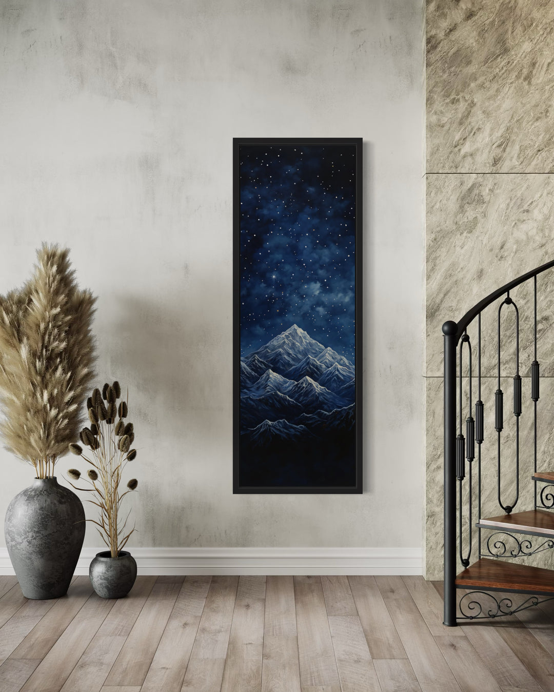 Tall Narrow Navy Blue Starry Night Over Mountains Vertical Framed Canvas Wall Art