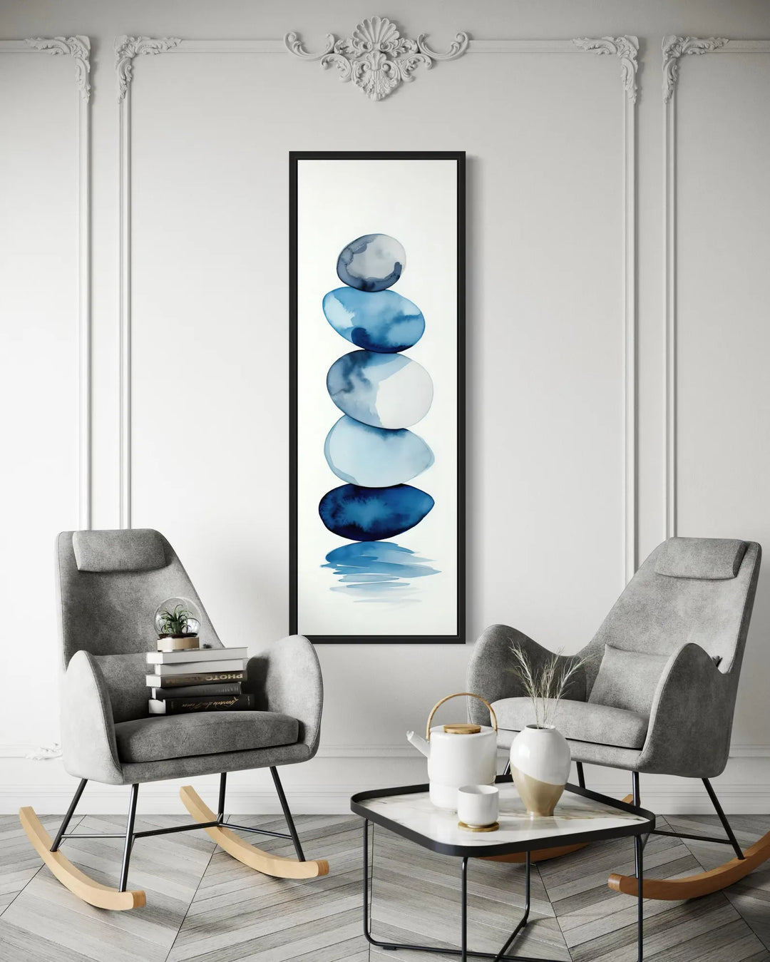 Tall Narrow Navy Blue White Stacked Rocks Vertical Framed Canvas Wall Art in a living room with two chairs and a coffee table