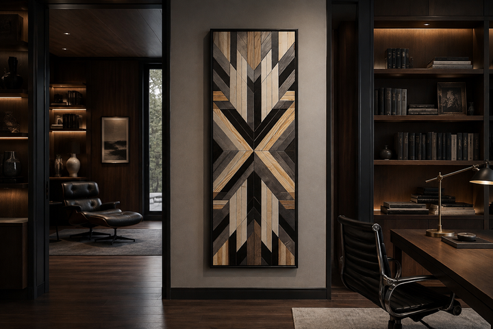 Tall narrow vertical framed canvas with neutral brown Aztec-inspired geometric wood-style patterns.