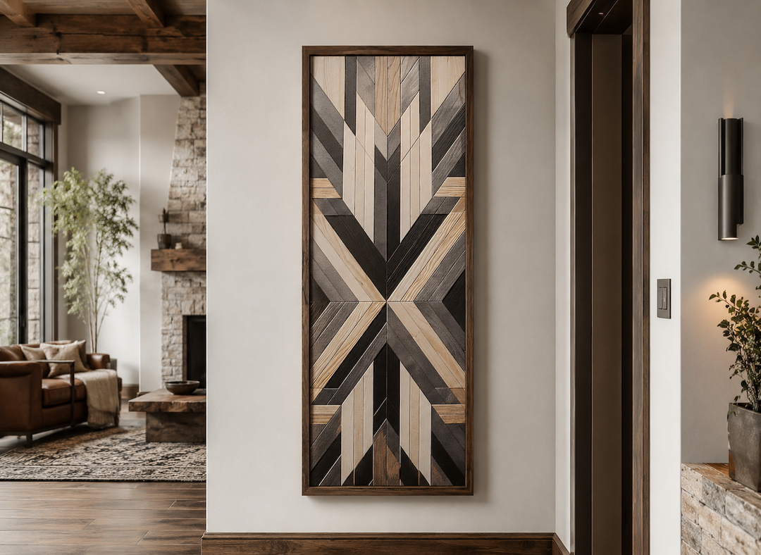 Tall narrow vertical wall art with neutral brown Aztec geometric patterns in a wood frame.