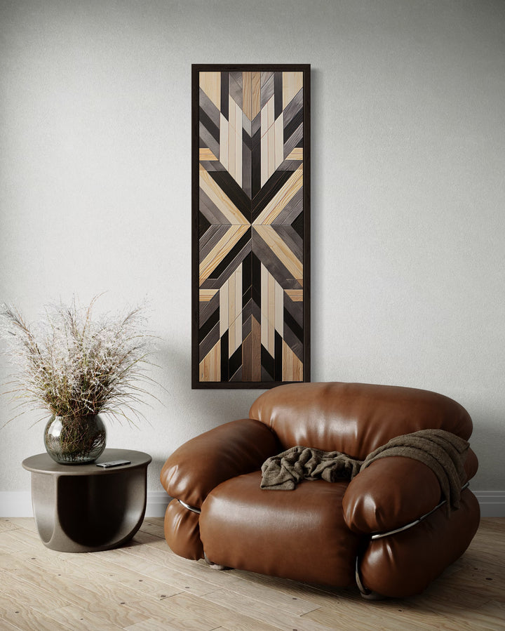 Tall Narrow Neutral Brown Aztec Inspired Vertical Framed Canvas Wall Art