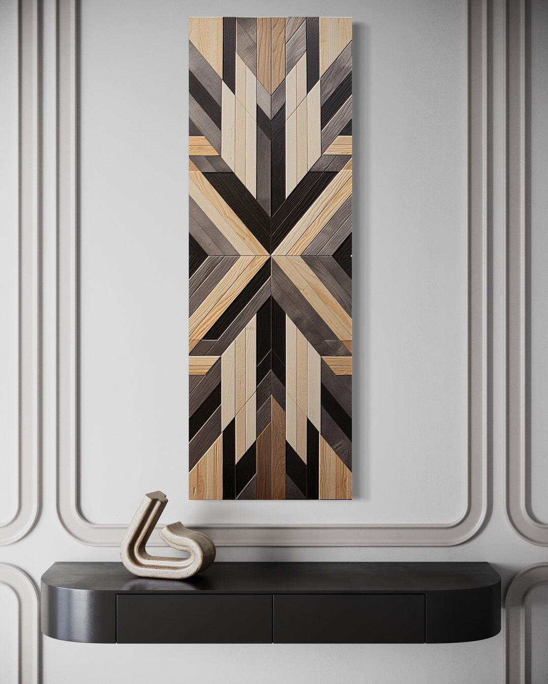 Tall Narrow Neutral Brown Aztec Inspired Vertical Framed Canvas Wall Art