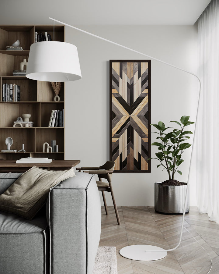 Tall Narrow Neutral Brown Aztec Inspired Vertical Framed Canvas Wall Art