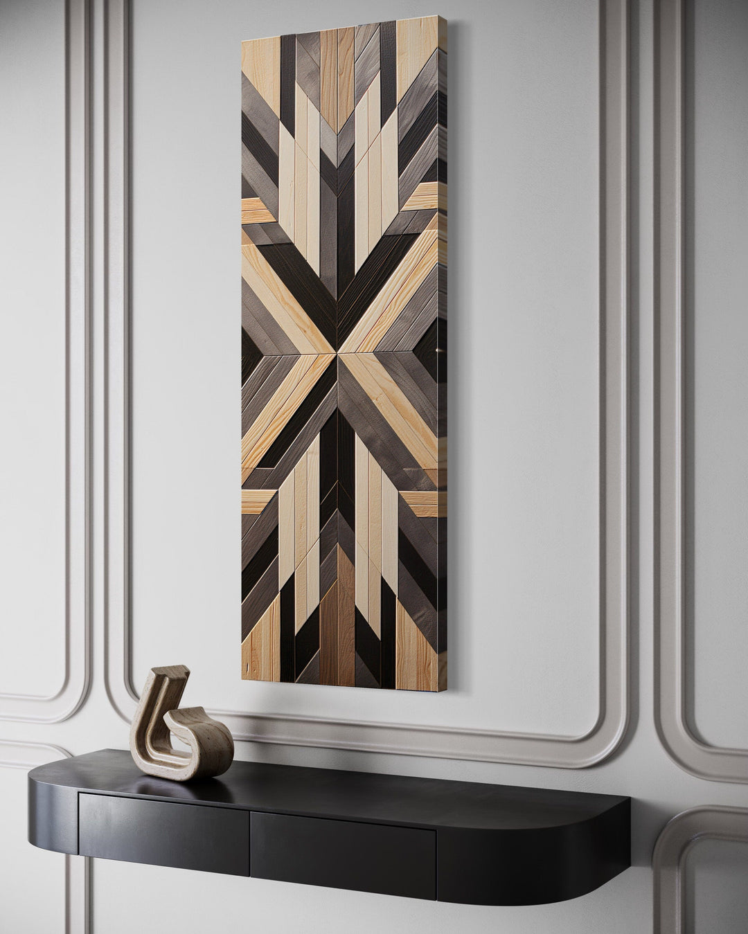 Tall Narrow Neutral Brown Aztec Inspired Vertical Framed Canvas Wall Art