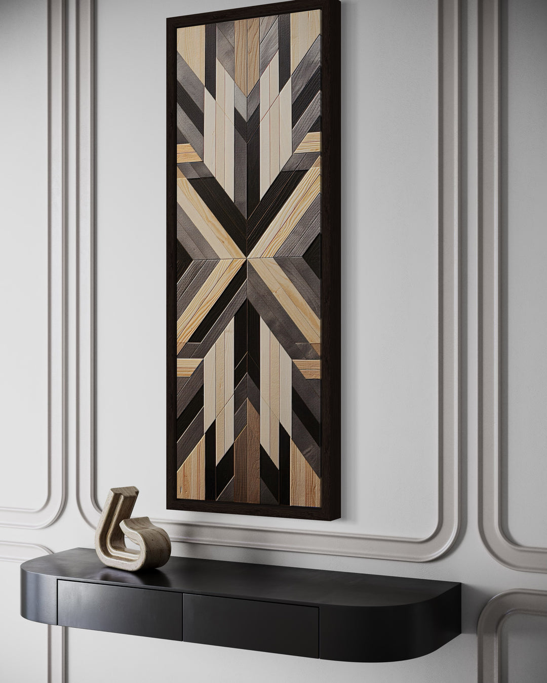 Tall narrow vertical framed canvas with neutral brown Aztec geometric wood-look patterns.