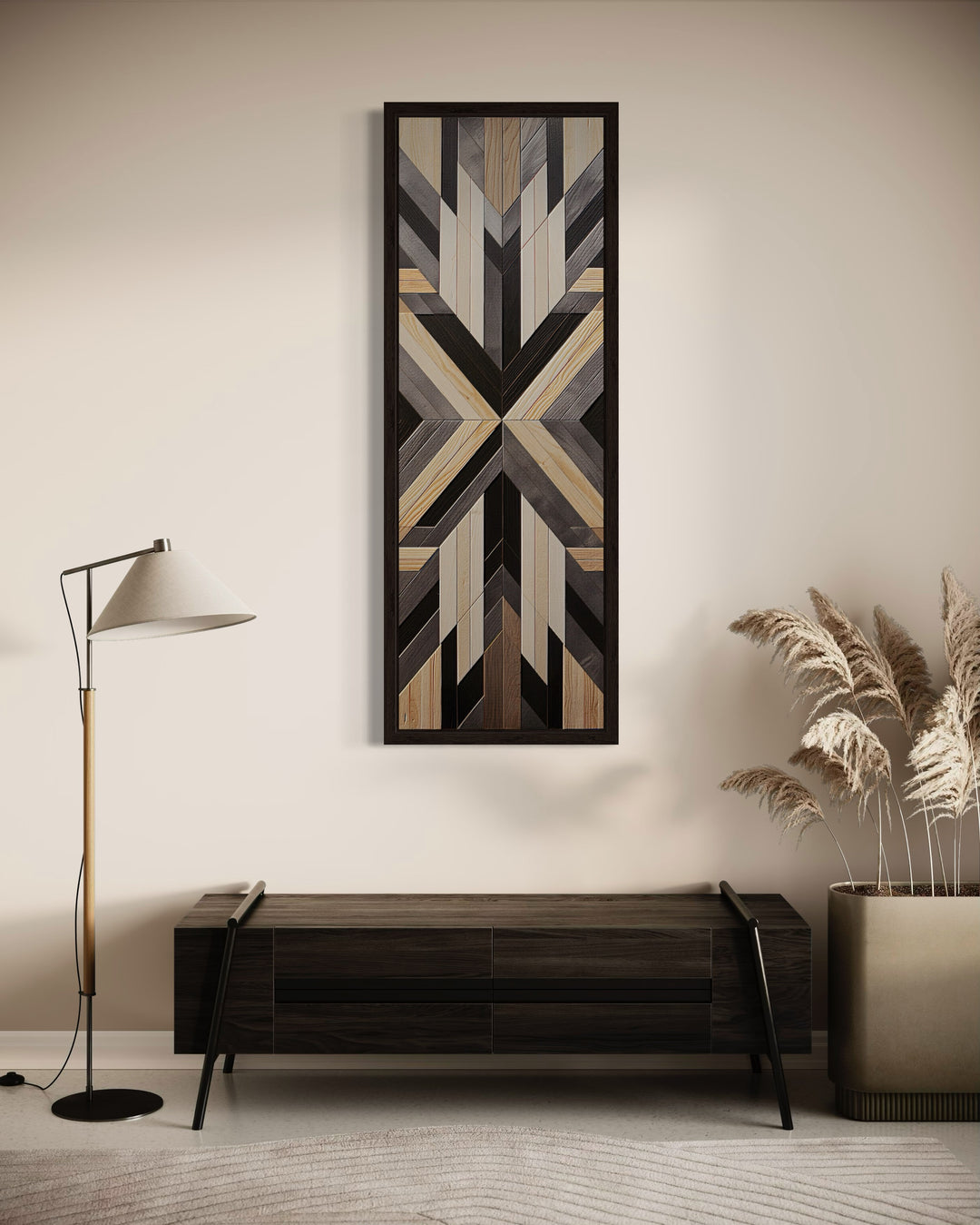 Tall narrow vertical framed canvas with neutral brown geometric Aztec-inspired wood-look patterns.