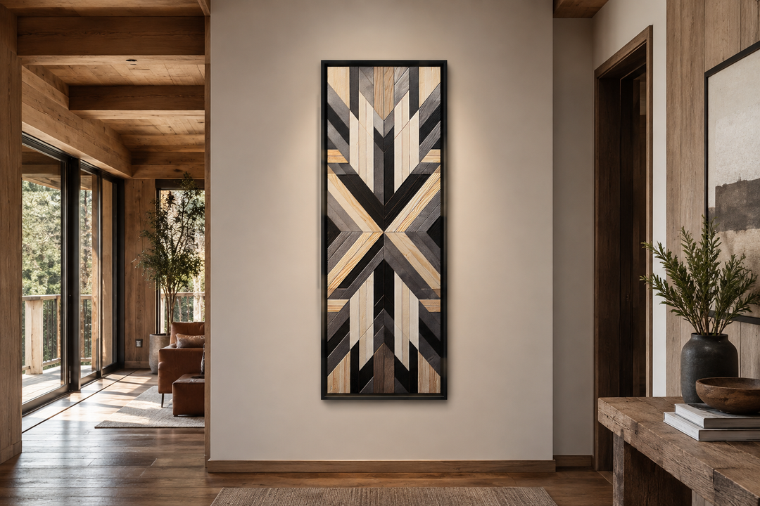 Tall narrow vertical framed canvas with geometric Aztec-inspired patterns in neutral brown tones.