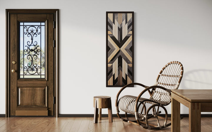 Tall Narrow Neutral Brown Aztec Inspired Vertical Framed Canvas Wall Art