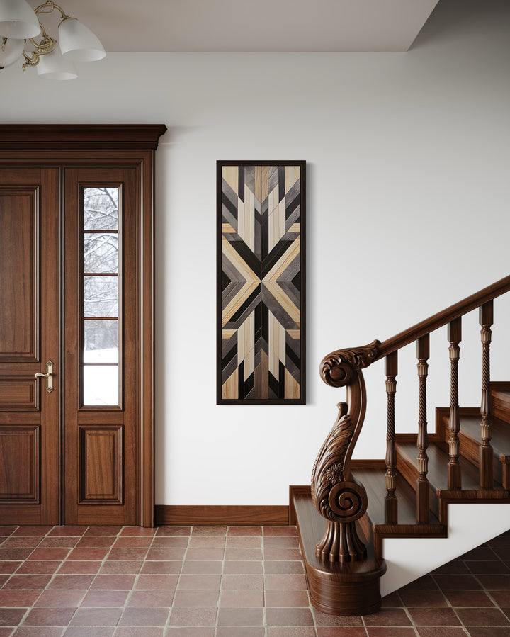 Tall Narrow Neutral Brown Aztec Inspired Vertical Framed Canvas Wall Art