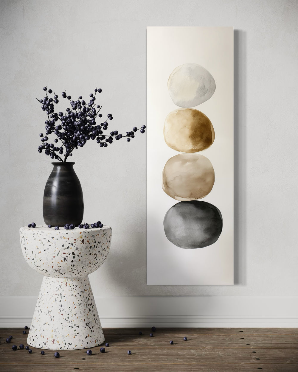 Tall Narrow Neutral Stacked Rocks Zen Vertical Framed Canvas Wall Art