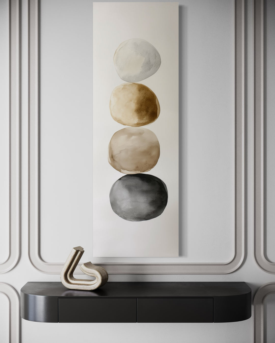 Tall Narrow Neutral Stacked Rocks Zen Vertical Framed Canvas Wall Art