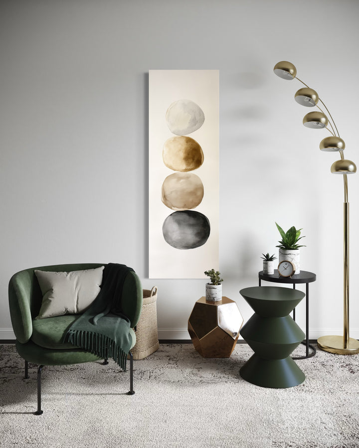 Tall Narrow Neutral Stacked Rocks Zen Vertical Framed Canvas Wall Art
