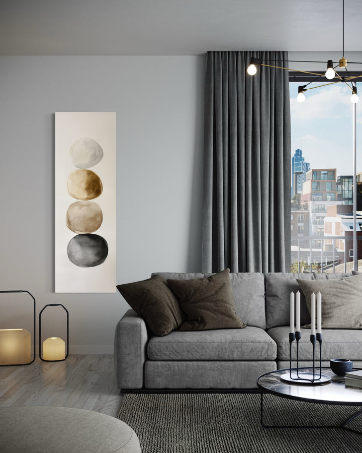 Tall Narrow Neutral Stacked Rocks Zen Vertical Framed Canvas Wall Art