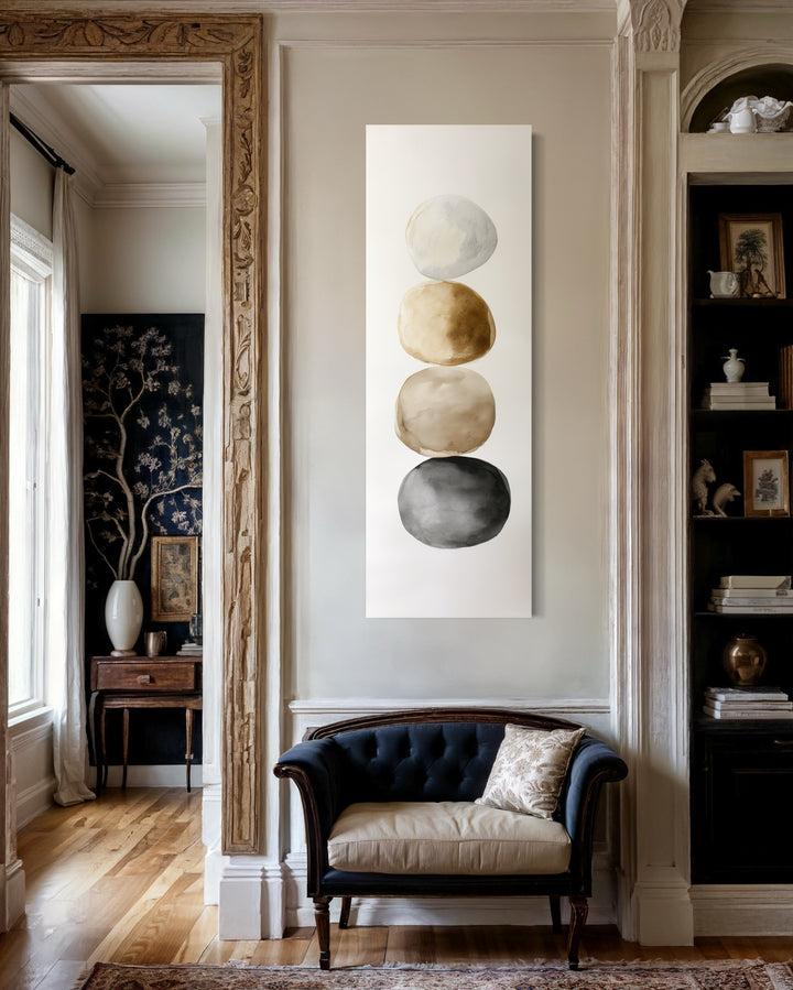 Tall Narrow Neutral Stacked Rocks Zen Vertical Framed Canvas Wall Art