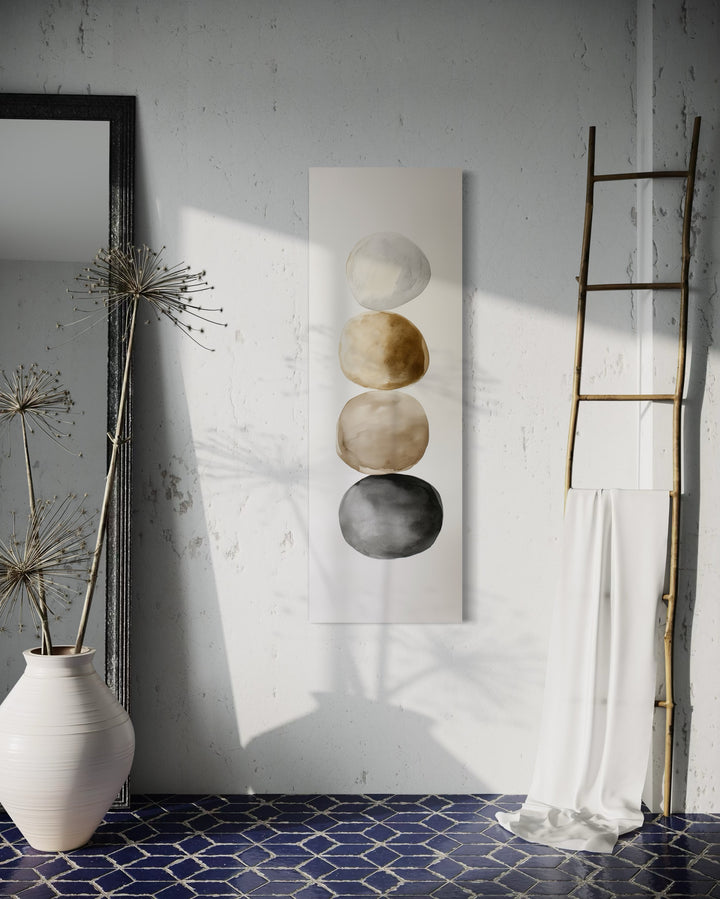 Tall Narrow Neutral Stacked Rocks Zen Vertical Framed Canvas Wall Art