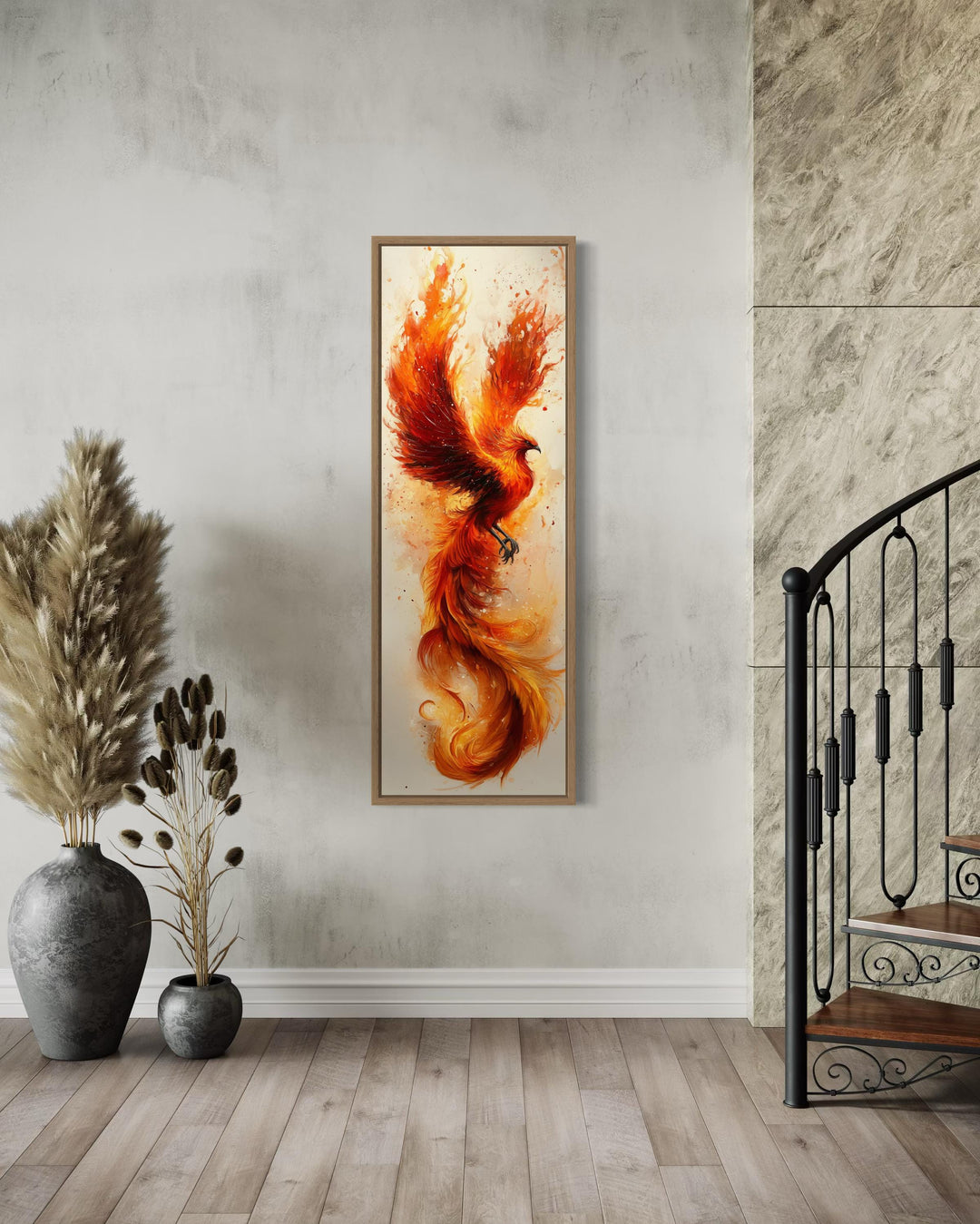 Tall Narrow Orange Beige Phoenix Framed Canvas Wall Art