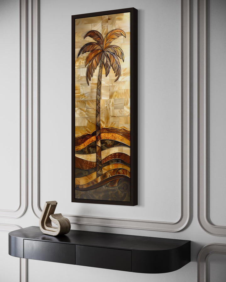 Tall Narrow Palm Tree In The Style Of Wood Vertical Framed Canvas Wall Art