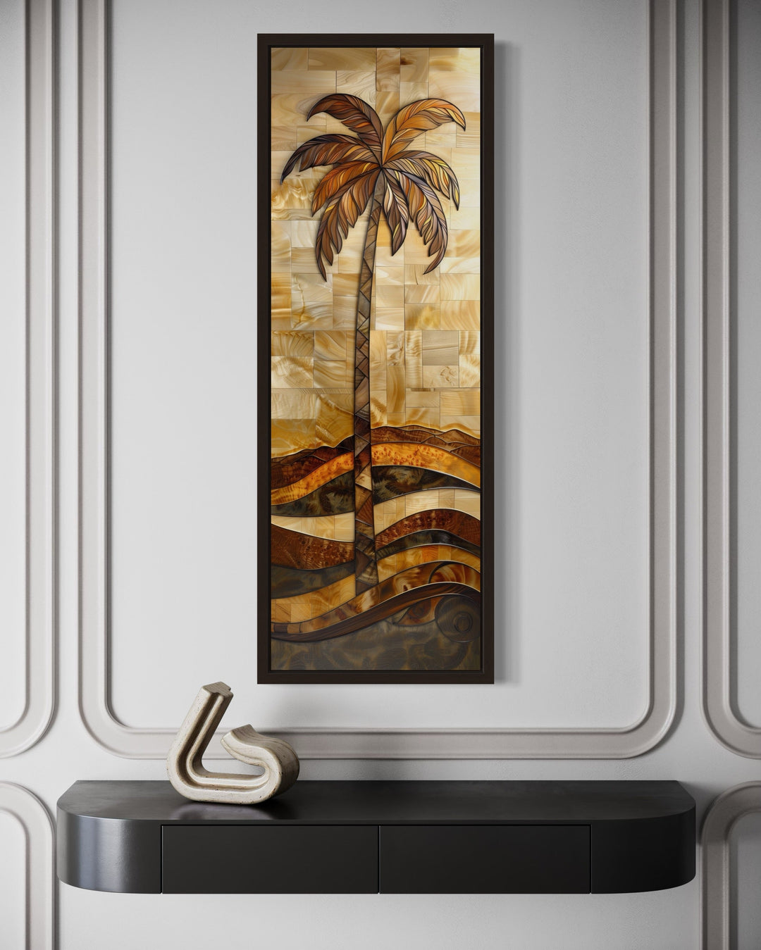 Tall Narrow Palm Tree In The Style Of Wood Vertical Framed Canvas Wall Art