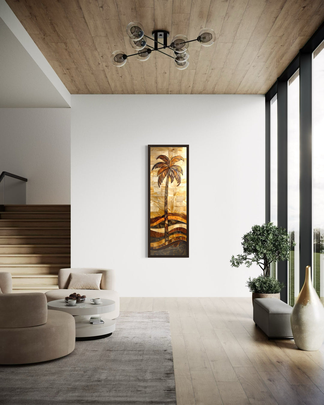 Tall Narrow Palm Tree In The Style Of Wood Vertical Framed Canvas Wall Art