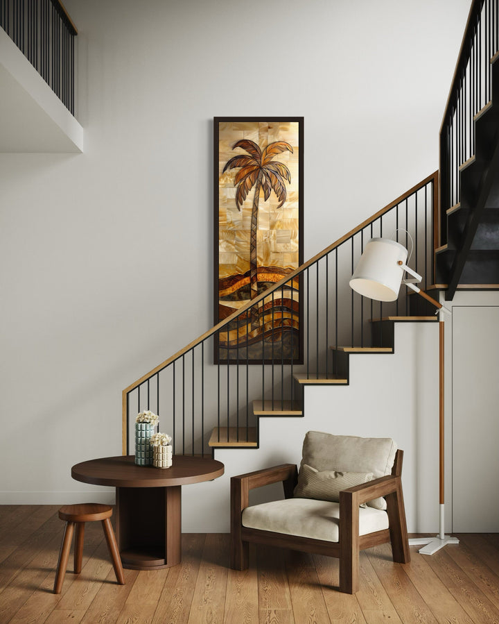 Tall Narrow Palm Tree In The Style Of Wood Vertical Framed Canvas Wall Art