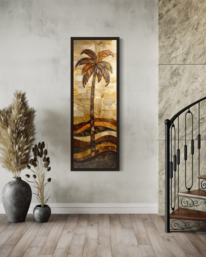 Tall Narrow Palm Tree In The Style Of Wood Vertical Framed Canvas Wall Art