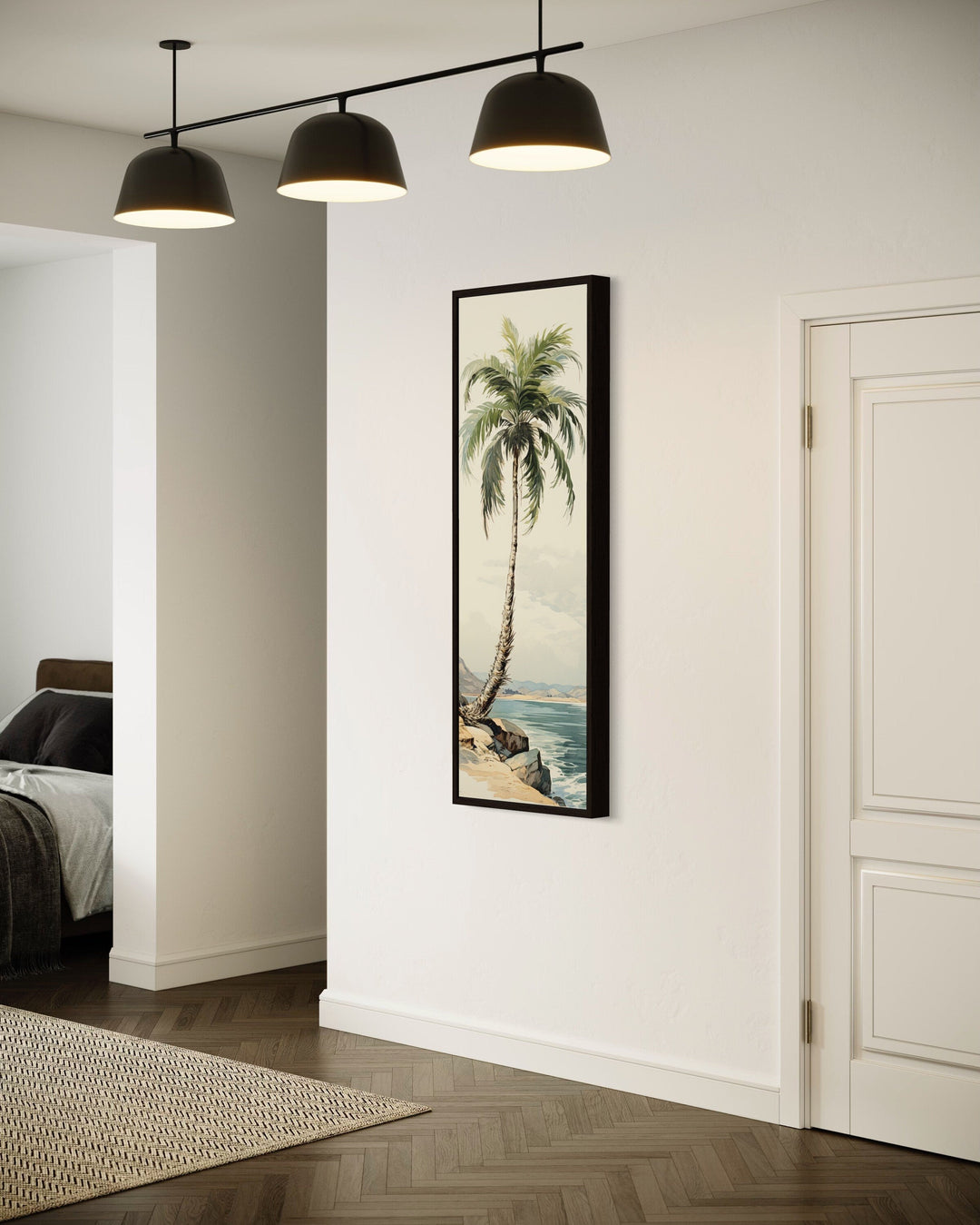 Tall Narrow Palm Tree On The Beach Vertical Framed Canvas Wall Art