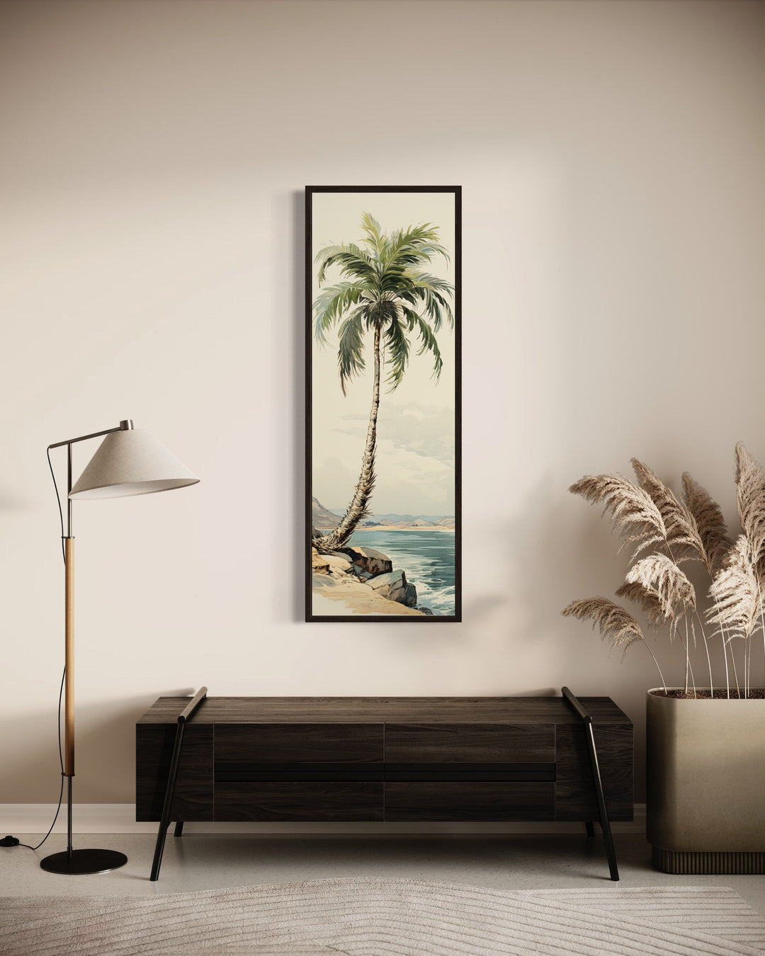 Tall Narrow Palm Tree On The Beach Vertical Framed Canvas Wall Art