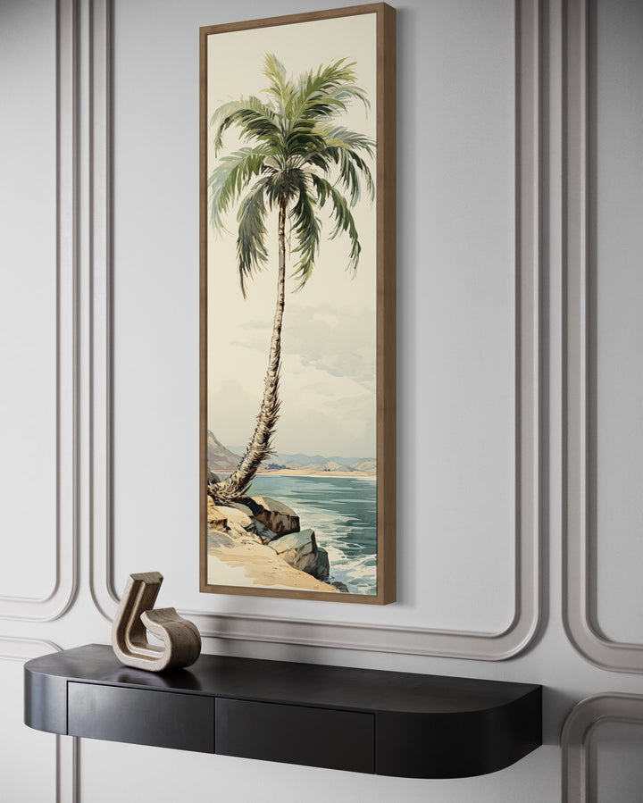 Tall Narrow Palm Tree On The Beach Vertical Framed Canvas Wall Art