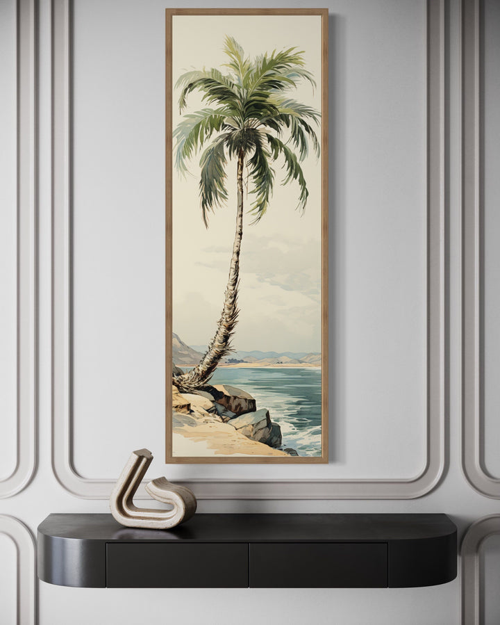 Tall Narrow Palm Tree On The Beach Vertical Framed Canvas Wall Art