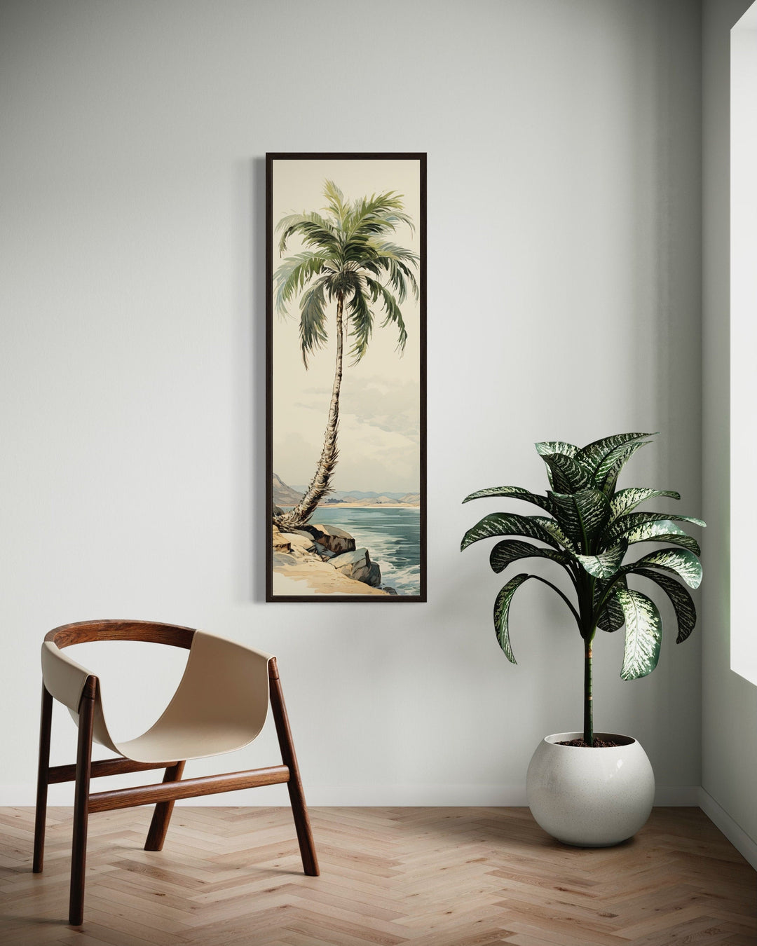 Tall Narrow Palm Tree On The Beach Vertical Framed Canvas Wall Art