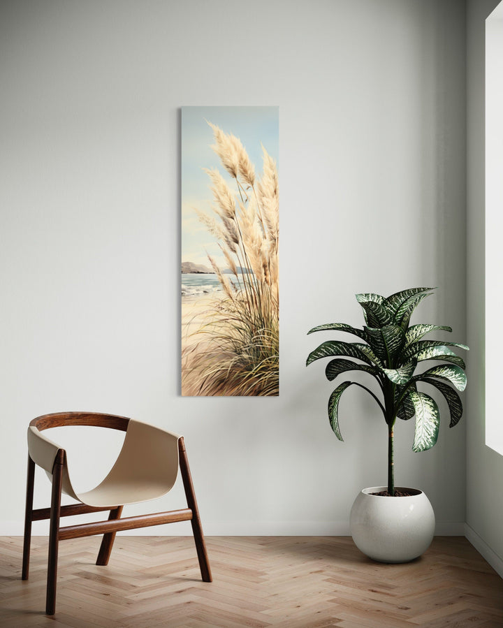 Tall Narrow Pampas Grass On The Beach Vertical Framed Canvas Wall Art