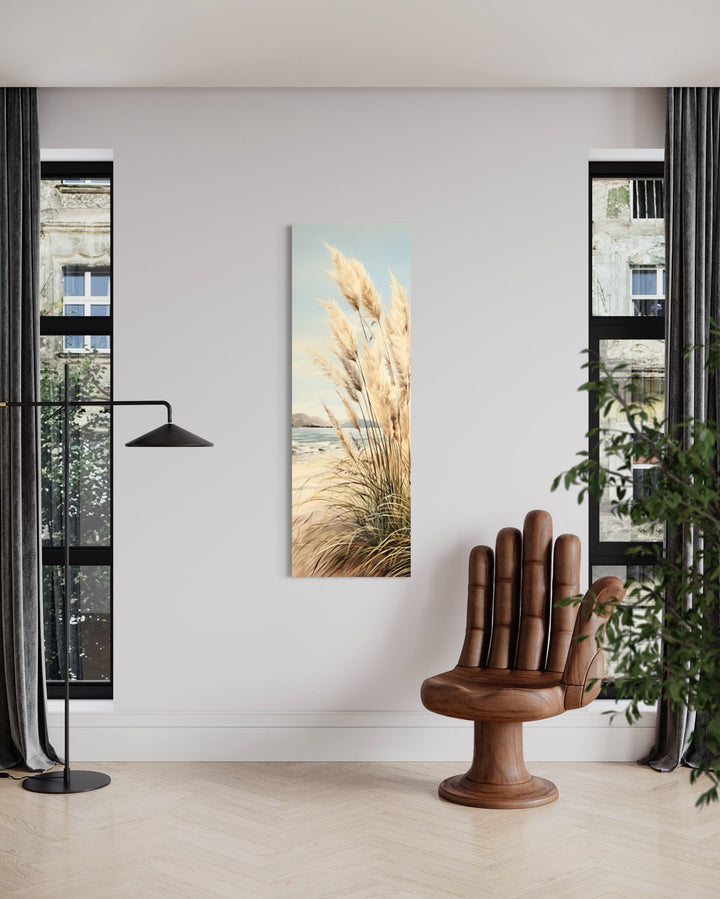 Tall Narrow Pampas Grass On The Beach Vertical Framed Canvas Wall Art