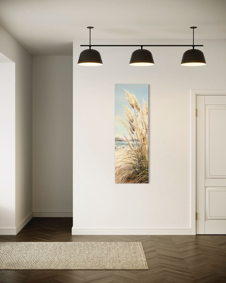 Tall Narrow Pampas Grass On The Beach Vertical Framed Canvas Wall Art