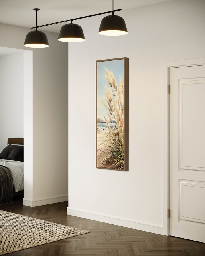 Tall Narrow Pampas Grass On The Beach Vertical Framed Canvas Wall Art