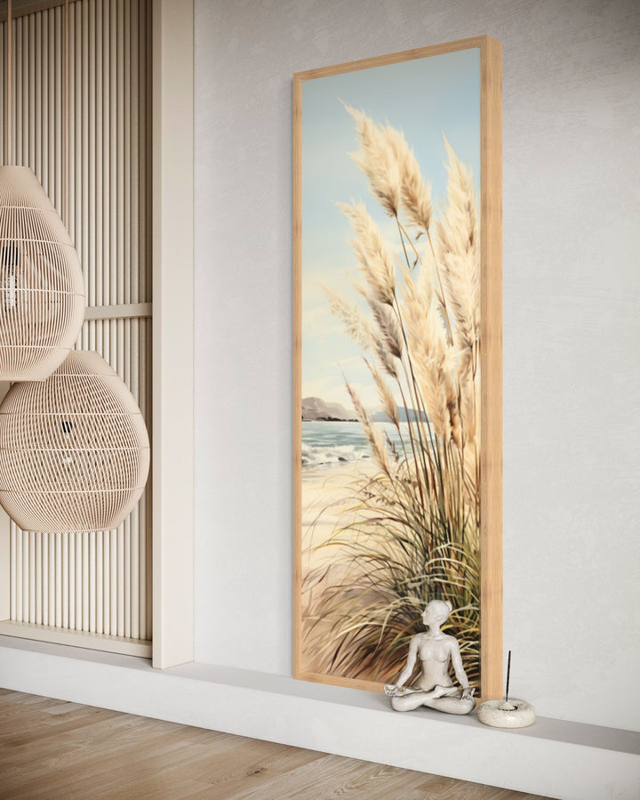 Tall Narrow Pampas Grass On The Beach Vertical Framed Canvas Wall Art