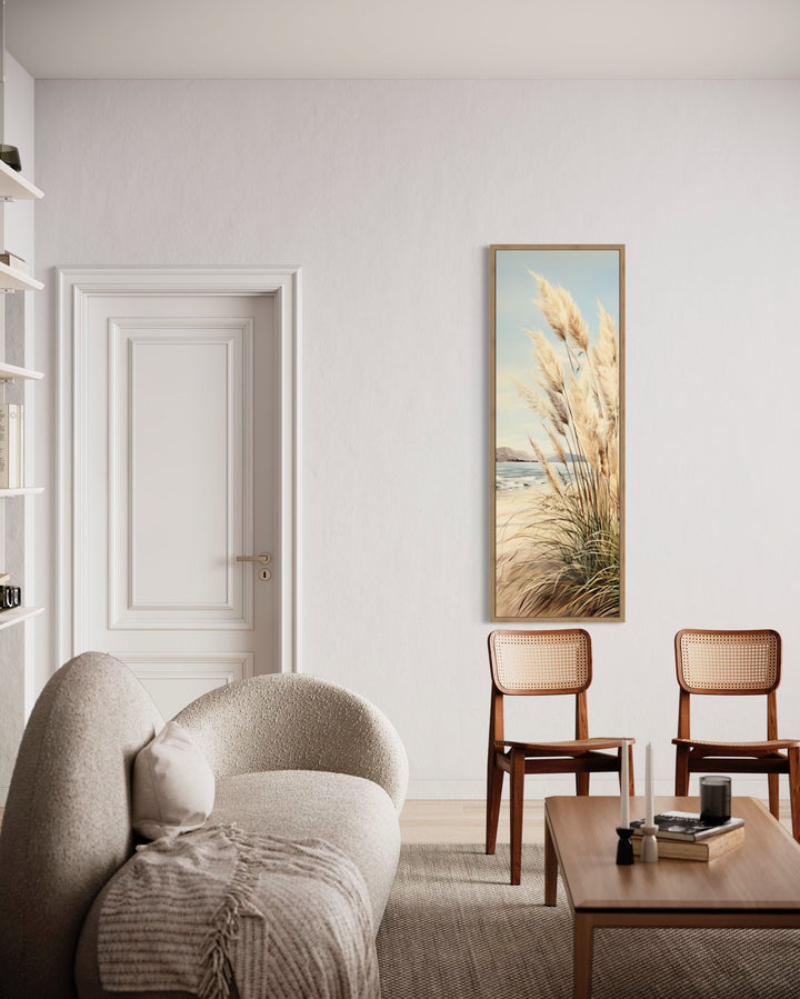 Tall Narrow Pampas Grass On The Beach Vertical Framed Canvas Wall Art