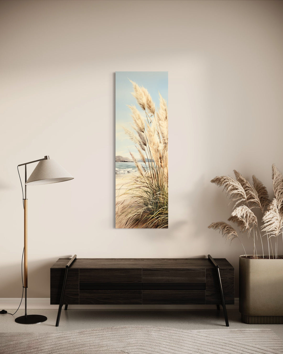 Tall Narrow Pampas Grass On The Beach Vertical Framed Canvas Wall Art