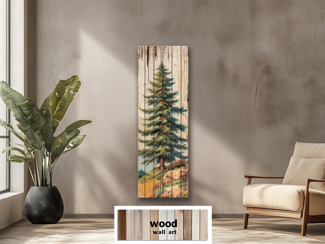 Tall Narrow Pine Tree Vertical Forest Distressed Wood Wall Art – Cabin Decor