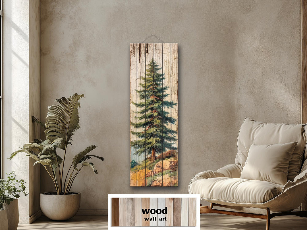 Tall Narrow Pine Tree Vertical Forest Distressed Wood Wall Art – Cabin Decor