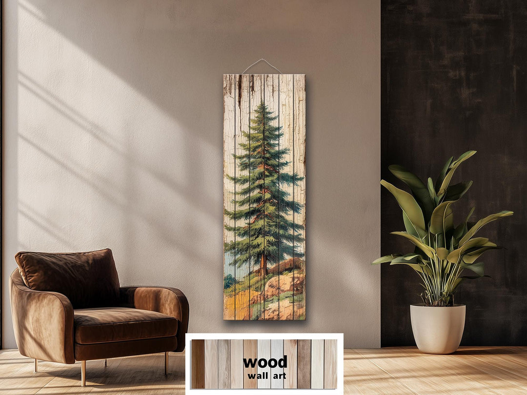 Tall Narrow Pine Tree Vertical Forest Distressed Wood Wall Art – Cabin Decor