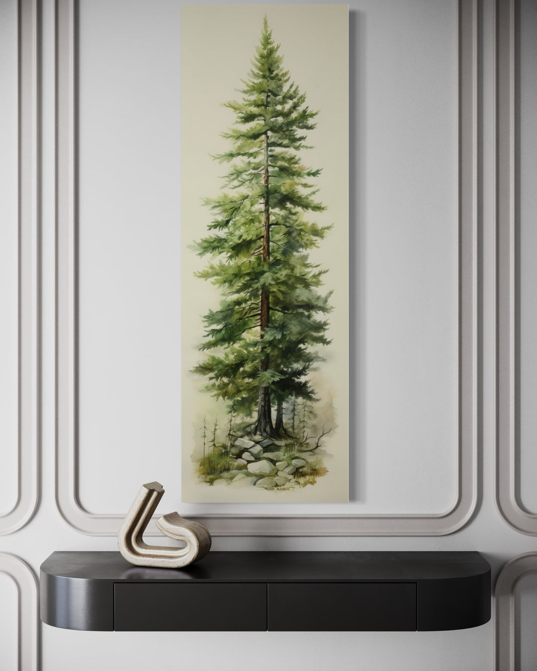 Tall narrow pine tree vertical framed canvas wall art hanging above a black console table.