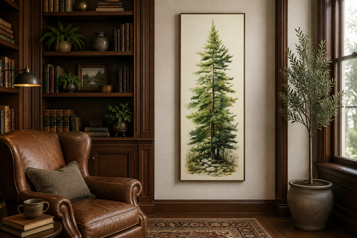 Tall narrow pine tree vertical framed canvas wall art in a cozy, traditional library setting.