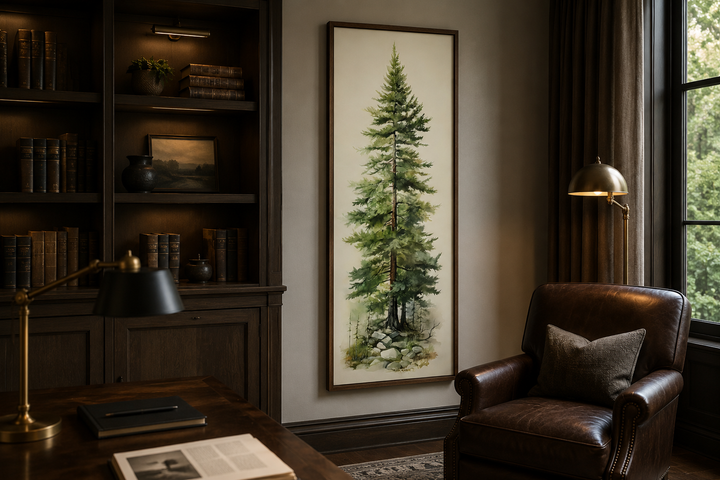 Tall narrow vertical framed canvas wall art featuring a watercolor pine tree in a study.