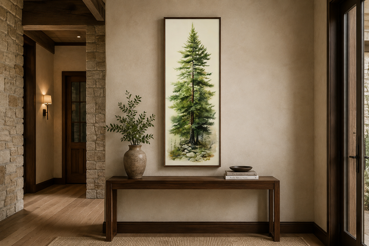 Tall narrow vertical framed canvas wall art featuring a watercolor pine tree in a rustic interior.