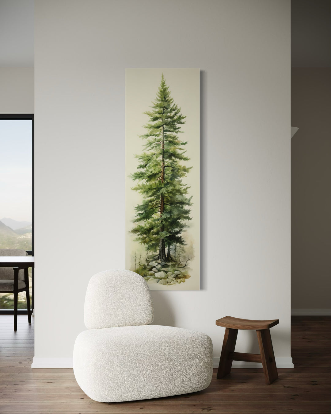 Tall narrow vertical canvas wall art featuring a watercolor pine tree in a minimalist room.